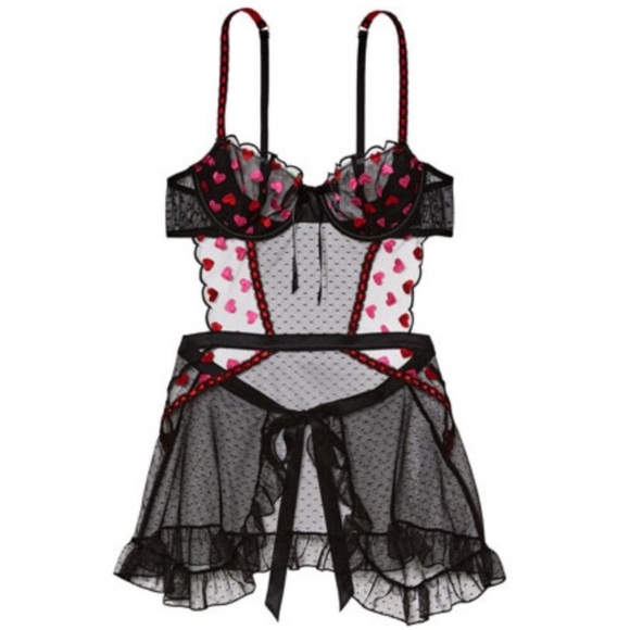 New! Victoria's Secret Heart Cupid Lace Wicked Apron Babydoll Slip 3153 - Picture 1 of 10